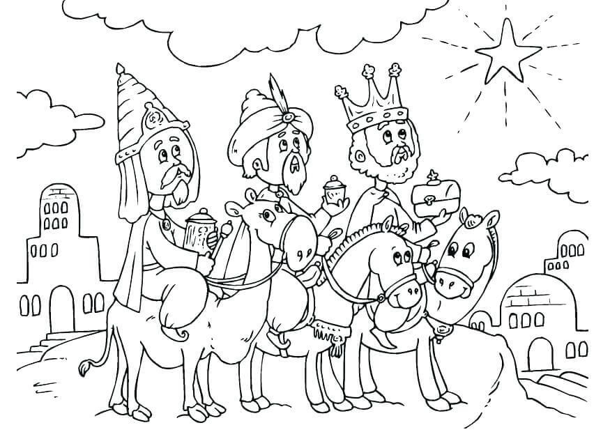 The Magi on baby camels coloring page